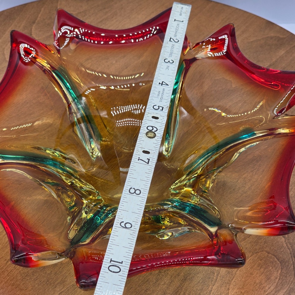 MCM 60s Murano Hand-Blown Glass Bowl Red Amber Teal Sommerso Starburst 10 inch - Picture 3 of 8